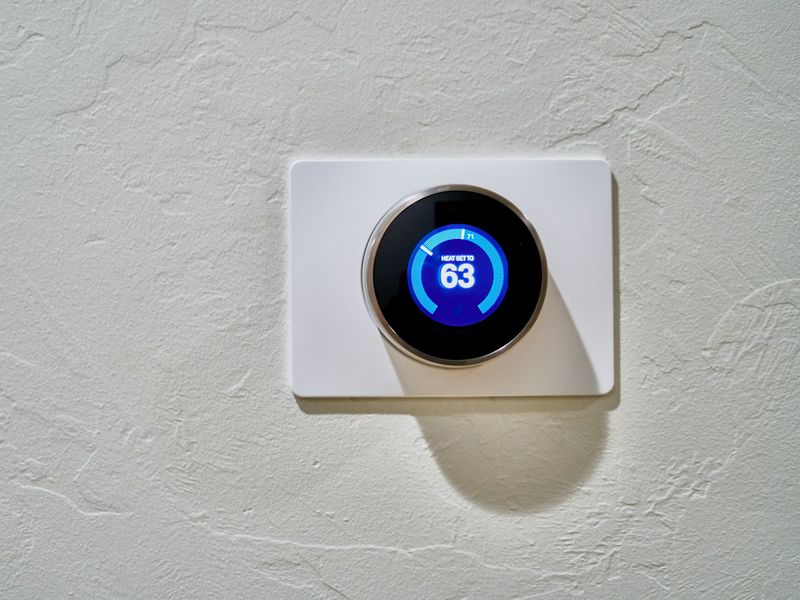 Round smart thermostat on a white textured wall, set to 63 degrees